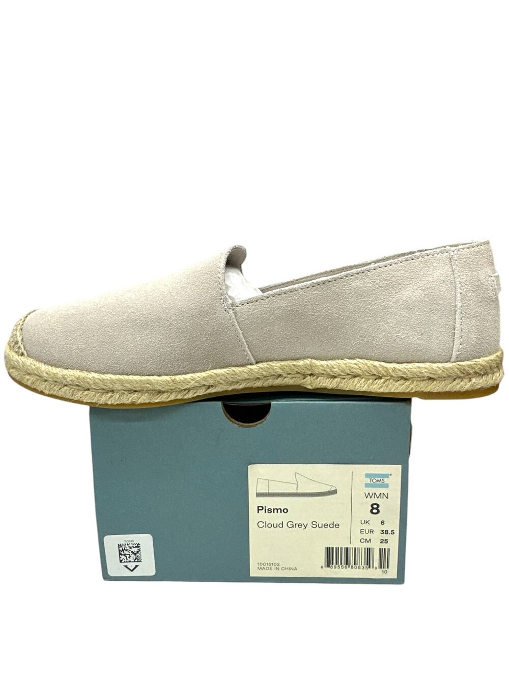 TOMS Pismo Espadrille Women 8 Cloud Grey Suede Slip-On Jute Boho Resort Flat
